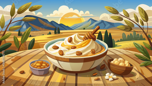 Very beautiful rustic bowl of Greek yogurt topped with golden honey and crunchy walnuts, placed on a wooden table with olive branches in a peaceful Mediterranean Greece orchard atmosphere.