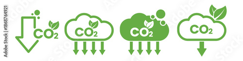 Low Carbon Emission & CO2 Reduction Icons: Eco-Friendly Net Zero Green Energy Symbols