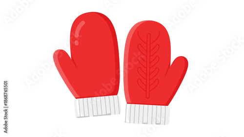 Festive Red Mittens for Winter Holiday Warmth: Cartoon illustration of cozy, knitted mittens in vibrant red with white cuffs, perfect for Christmas cards, seasonal designs, and