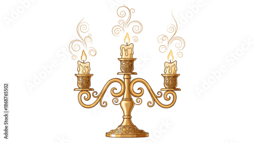 Golden candelabra illuminating ornate scrolls, casting a vintage glow in traditional settings, perfect for wedding invitations, antique decor, or elegant event design with classic