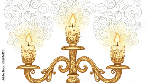 Ornate Golden Candelabra Illuminating with Flickering Candle Flames Against Swirling Smoke Designs, Creating Vintage Atmosphere and Elegance for Decorations, Events, Celebrations,