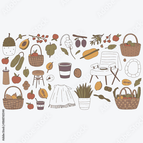 Colorful of various fruits vegetables and kitchen in a rustic setting apples avocado basket