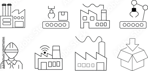 industrial manufacturing factory production line logistics supply chain management icons set isolated on white background.