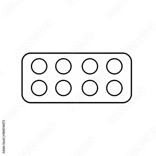 Clean minimalist outline icon of a rectangular blister pack containing eight round compartments, representing medication, health supplements, or daily dosage in a clear, versatile graphic