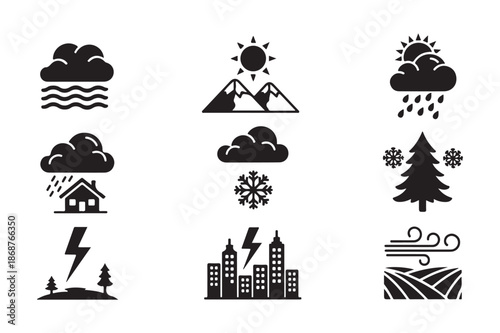 Weather Forecast and Nature Environment Silhouette Icon Set