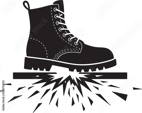 A black boot with laces stepping on a breaking wooden plank with splinters flying also transparent background