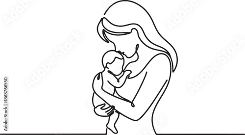 Black and white line of a woman holding a baby close to her chest also transparent background line woman