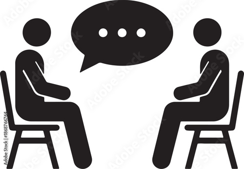 Two people sitting on chairs facing each other with a speech bubble between them also transparent background