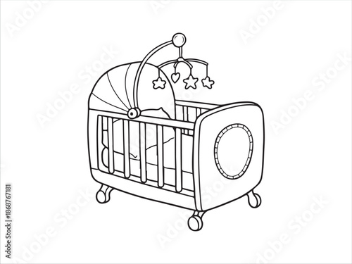 Baby crib with mobile and stars nursery furniture illustration