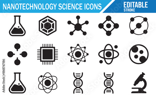 Nanotechnology science icons set. Vector outline symbols for nanotech research, including molecules, atoms, microchips, brains, and lab equipment like beakers and test tubes. Editable stroke.