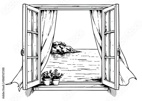 Hand drawn line art illustration of an open window depicting an ocean view with a rocky island and potted plants for summer vacation