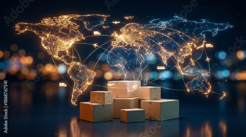 Boxes are stacked on a surface with a glowing world map above. The map shows trade routes and connections for international shipping and logistics
