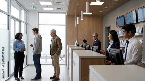 Diverse group of people interacting in a modern bank lobby with friendly staff