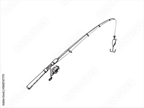 Fishing Rod with Reel and Hook on Transparent Background