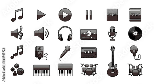 Collection of grayscale music playback control icons featuring instruments audio devices and media symbols