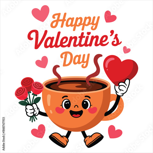 Happy Valentine’s Day Cute Coffee Cup Character with Hearts and Roses Vector Design.