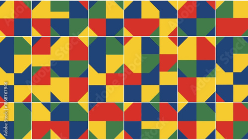 Geometric abstract pattern featuring vibrant primary colors arranged in a modular grid of repeating colorful shapes
