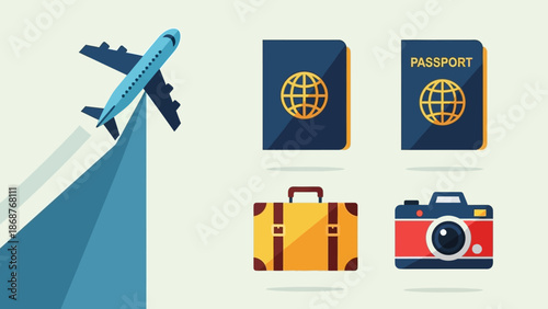 Flat design illustration showcasing essential international travel items including an airplane passport luggage and camera for holiday planning