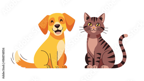 Charming cartoon illustration features a happy golden puppy dog sitting next to a friendly striped tabby cat isolated on white background