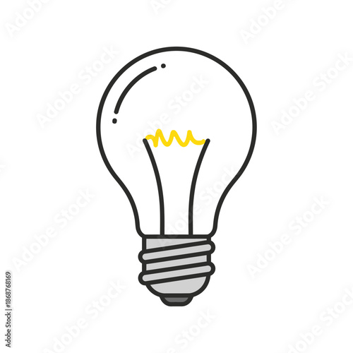 Simple graphic illustration of a stylized incandescent light bulb featuring a glowing yellow filament inside clear glass against a white background.