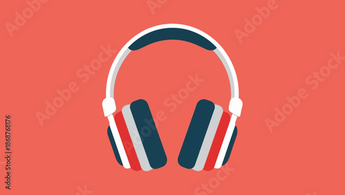 Minimalist graphic illustration of large on ear headphones featuring white blue and red accents against a solid salmon background.