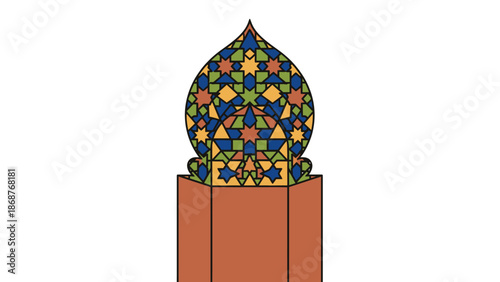 Simple illustration of a colorful Islamic architectural dome element featuring intricate geometric patterns and traditional earthen base structure.