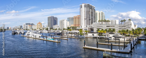 Fort Lauderdale skyline at Las Olas Marina with boats yachts Florida vacation panorama in Fort Lauderdale, United States