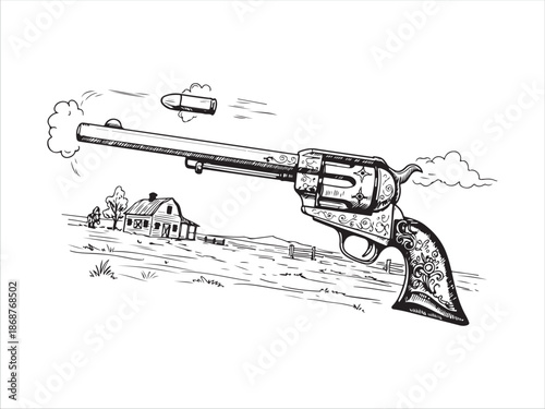 Western Gun Shooting in Rural Landscape with Farmhouse