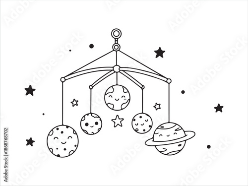 Whimsical Space Mobile with Planets and Stars Illustration