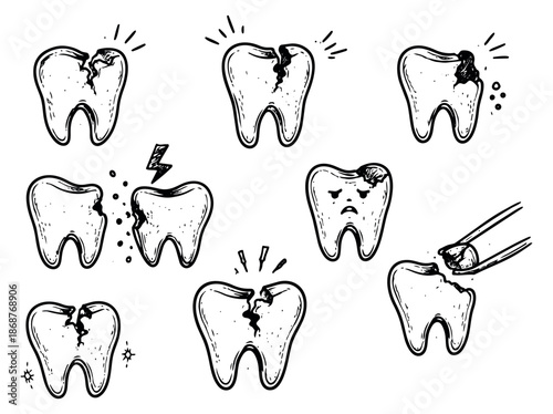 Hand drawn line art tooth damage set featuring cracked and painful teeth for dentistry concepts