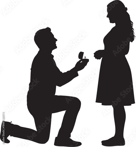 Black silhouette vector of romantic marriage proposal with man kneeling and offering ring to woman