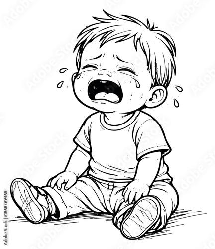 Line art illustration of a baby depicting intense crying for childhood emotions