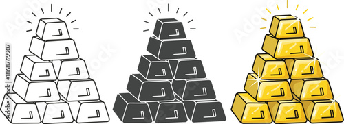 A set of gold bars stacked in a pyramid shape, shown in three different styles outline, grayscale, and full color isolated on white background