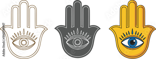 Set of hamsa hand symbols with eye isolated on white background jewish and arab amulet fatima hand vector illustration good luck charm, protection talisman, religious sign