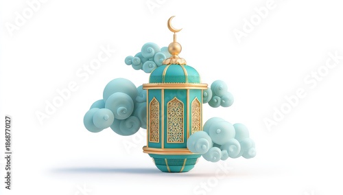 Islamic lantern with crescent moon and clouds Ramadan decoration 3D render for religious holidays