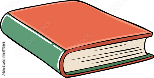 Closed Hardcover Book with Red Cover and Green Spine, Isolated White Background.