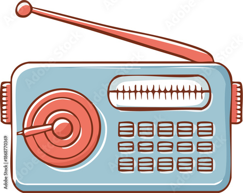 Vintage Retro Radio with Antenna and Control Knobs, Isolated White Background.