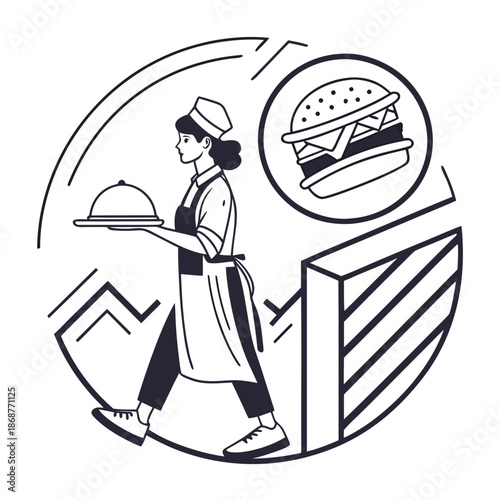 A waitress carrying a covered dish with a burger illustration nearby