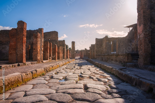 Beautiful sunset landscape of archeological site at Pompei, Italy