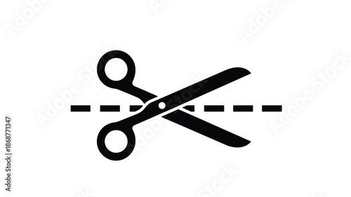 A simple black and white illustration depicts a pair of scissors cutting a dashed line