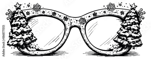 Hand drawn line art illustration of Christmas eyeglasses depicting festive fir trees and snowflakes for winter holidays
