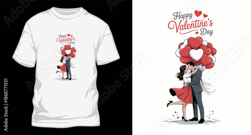 Couple kissing holding heart balloons happy valentines day graphic on white t shirt mock up