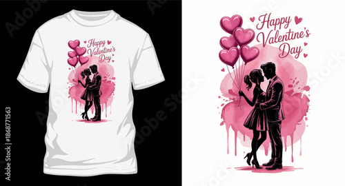 Couple with balloons happy valentines day graphic on white t shirt mock up