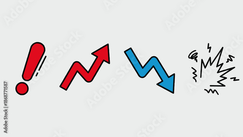 Dynamic Alert & Emotion Icons Set, Exclamation, Arrows and Comic Symbols, alert icon, exclamation mark icon, growth arrow icon, decline arrow icon, comic emotion marks, frustration lines icon,