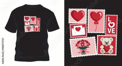 Valentines day postage stamps collection t shirt design with hearts balloons teddy bear envelope and floral bouquet vector graphic