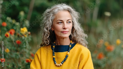 A mature woman with beautiful curls sits peacefully amidst vibrant wildflowers, radiating confidence and joy, embodying the tranquil beauty of nature and life's wisdom.
