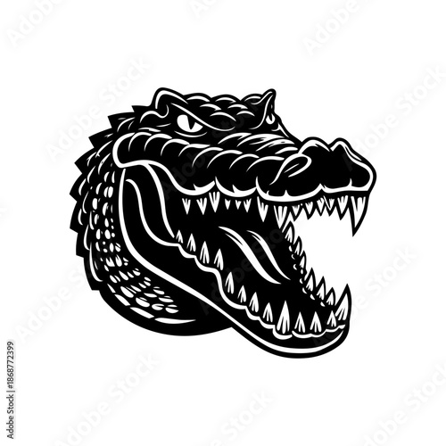 Fierce crocodile mascot head with open jaws symbolizing dominance, aggression, survival instinct, and fearless competitive branding.
