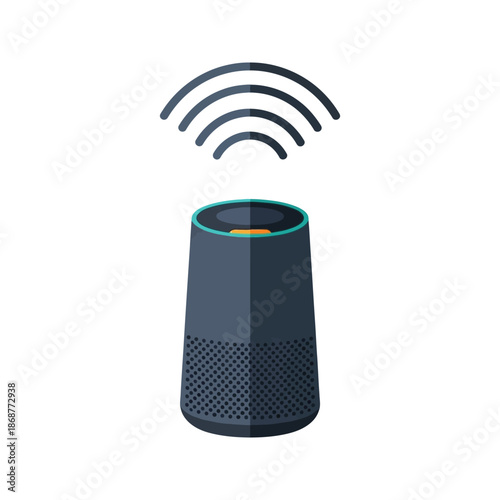 Smart speaker with Wi-Fi signal waves emanating from top, representing wireless connectivity.