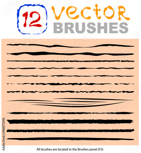 12 vector brushes for Adobe Illustrator, ink and hand-painted style, perfect for digital illustrations, calligraphy, and creative projects