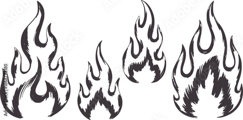 Four hand drawn black flames in monochrome line style fire handdrawn